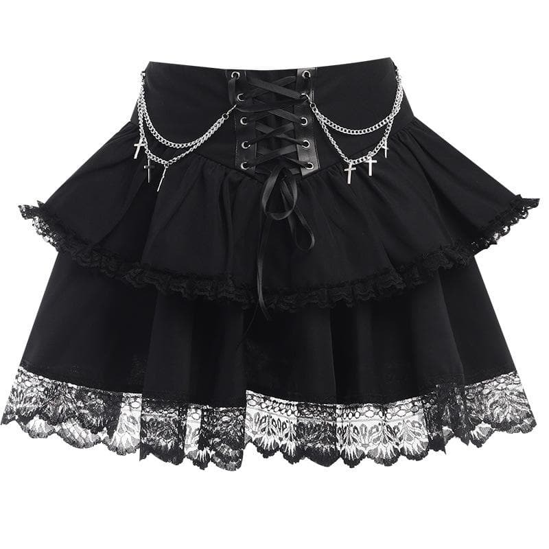 Victorian Gothic Ruched Lace Hem Mini Skirt with Metal Chain - Y2K Grunge Aesthetic