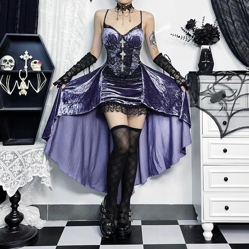 Victorian Gothic Velvet Lace Hem Midi Dress | Y2K Grunge Aesthetic Contrast V-Neck