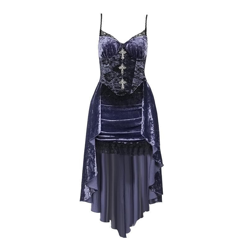 Victorian Gothic Velvet Lace Hem Midi Dress | Y2K Grunge Aesthetic Contrast V-Neck