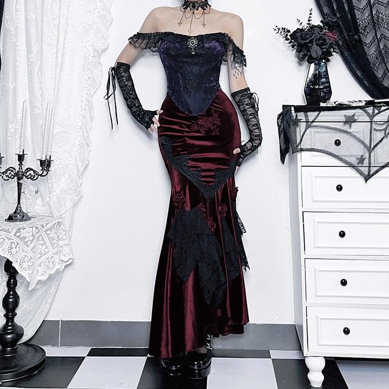 Victorian Gothic Velvet Maxi Skirt with Lace Hem & Flower Applique | Y2K Grunge Aesthetic