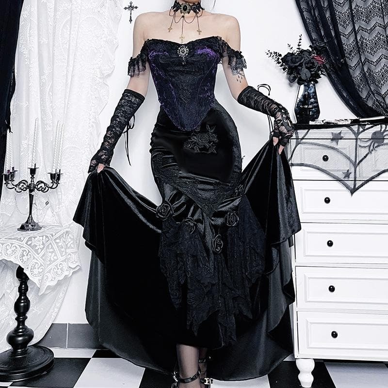 Victorian Gothic Velvet Maxi Skirt with Lace Hem & Flower Applique | Y2K Grunge Aesthetic