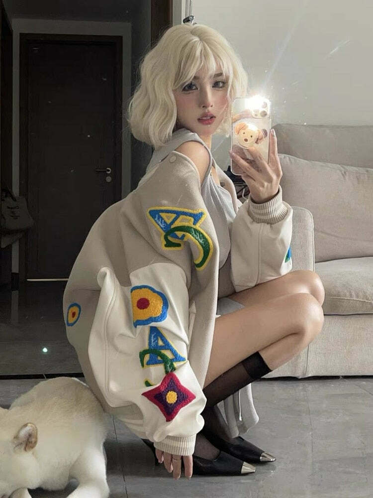 Vintage Beige Y2K Baseball Jacket - Retro Aesthetic Outerwear for Coquette & Grunge Styles