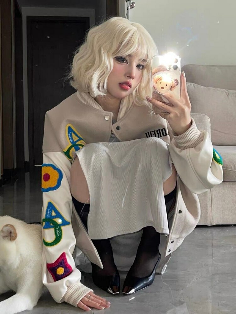 Vintage Beige Y2K Baseball Jacket - Retro Aesthetic Outerwear for Coquette & Grunge Styles