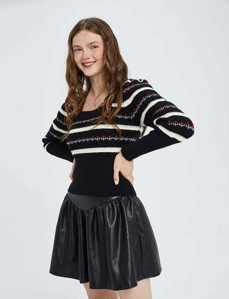 Vintage Black Square Neck Flower Knit Crop Top - Y2K Aesthetic, Coquette Style, Cute Sweater