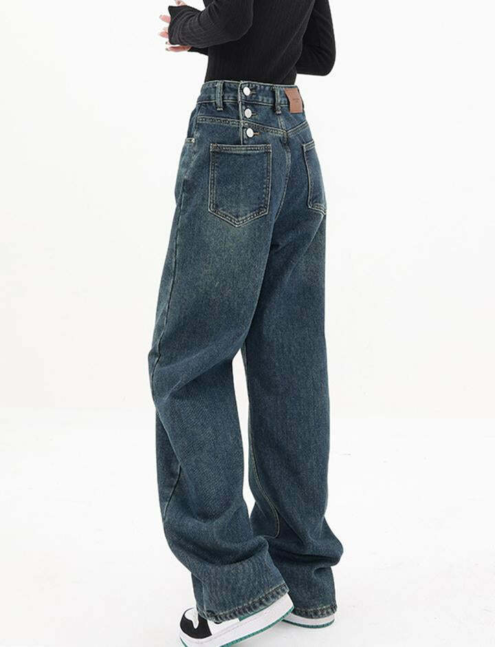 Vintage Blue High Rise Y2K Button Down Jeans - Retro Grunge Aesthetic Denim Style