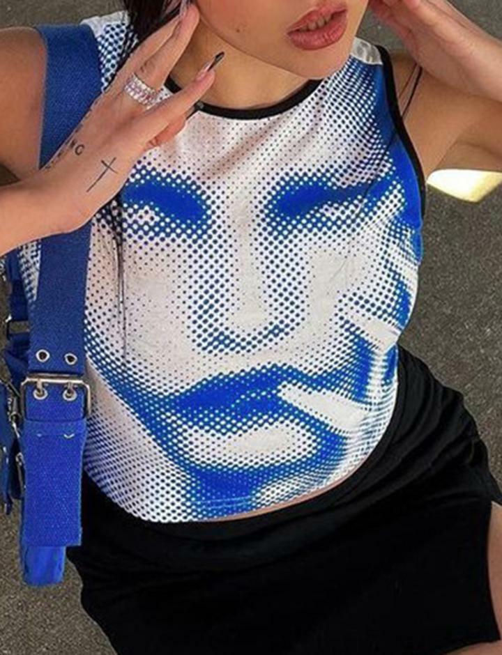 Vintage Face Print Y2K Crop Tank Top - Cute Aesthetic Top for Coquette & Grunge Styles
