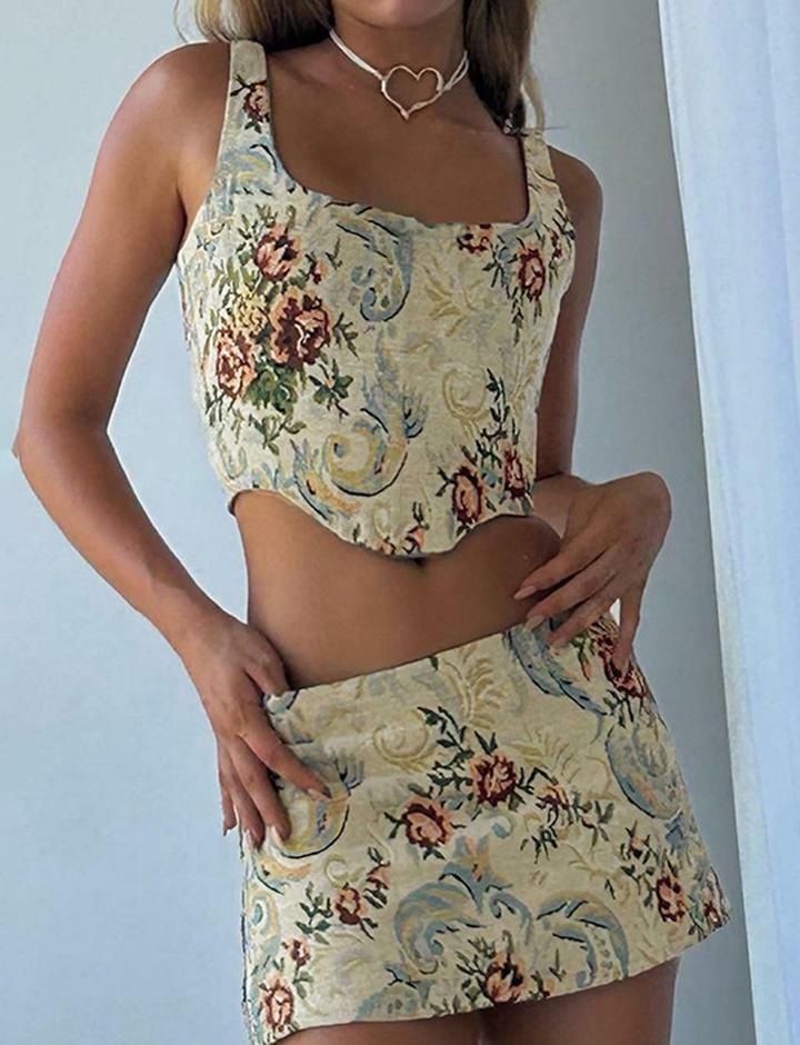 Vintage Floral Embroidery Y2K Corset Top & Mini Skirt Set - Coquette & Grunge Aesthetic