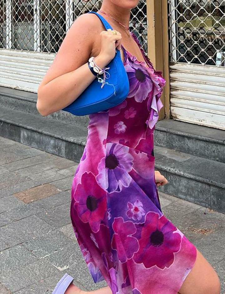 Vintage Floral Ruffle Trim Irregular Cami Dress - Y2K Aesthetic, Coquette Style, Cute Summer Outfit