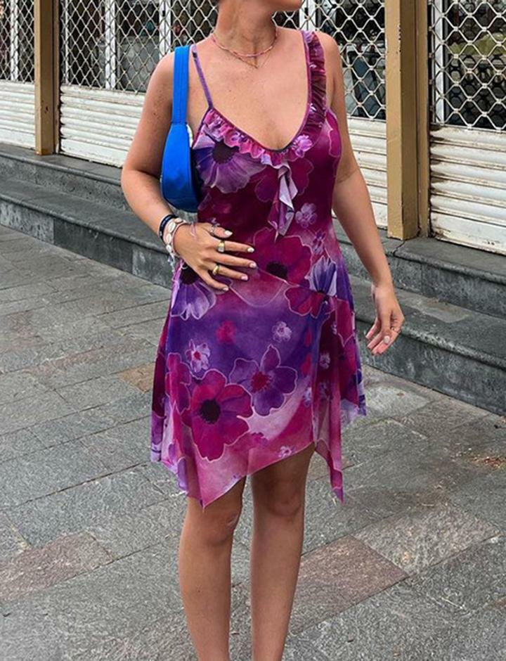 Vintage Floral Ruffle Trim Irregular Cami Dress - Y2K Aesthetic, Coquette Style, Cute Summer Outfit