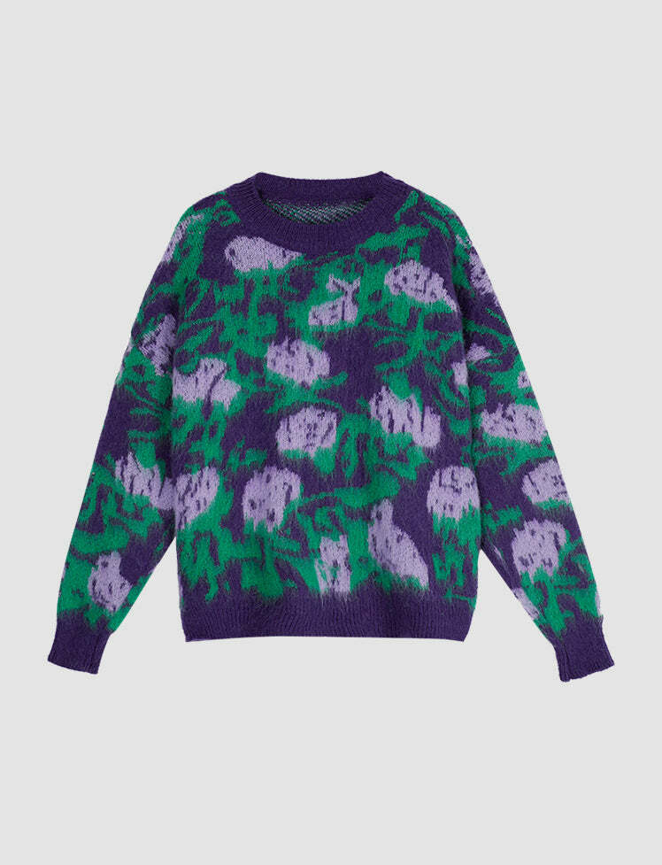 Vintage Flower Purple Y2K Knit Crew Neck Sweater - Cute Aesthetic Pullover for Cozy Vibes