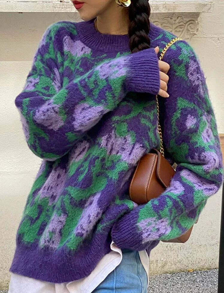 Vintage Flower Purple Y2K Knit Crew Neck Sweater - Cute Aesthetic Pullover for Cozy Vibes