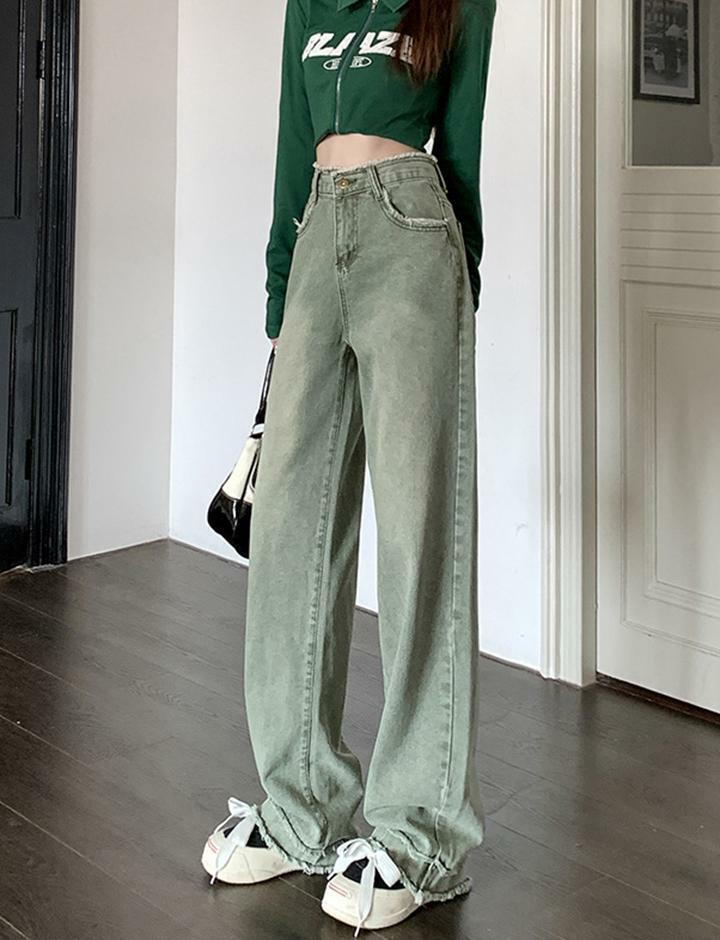 Vintage Green Y2K Wide-Leg High-Rise Jeans for Grunge and Coquette Aesthetic Outfits