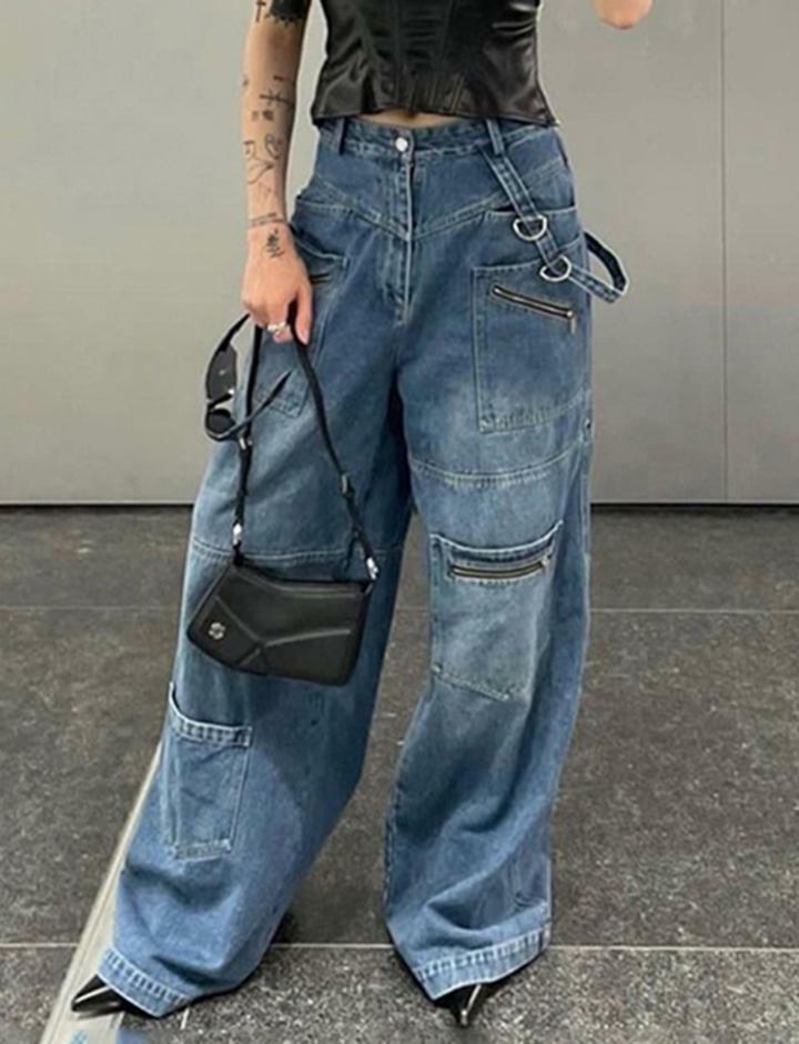 Vintage Pocket Zipper Decor Y2K Loose Jeans - Grunge Aesthetic, Cute & Comfy Style