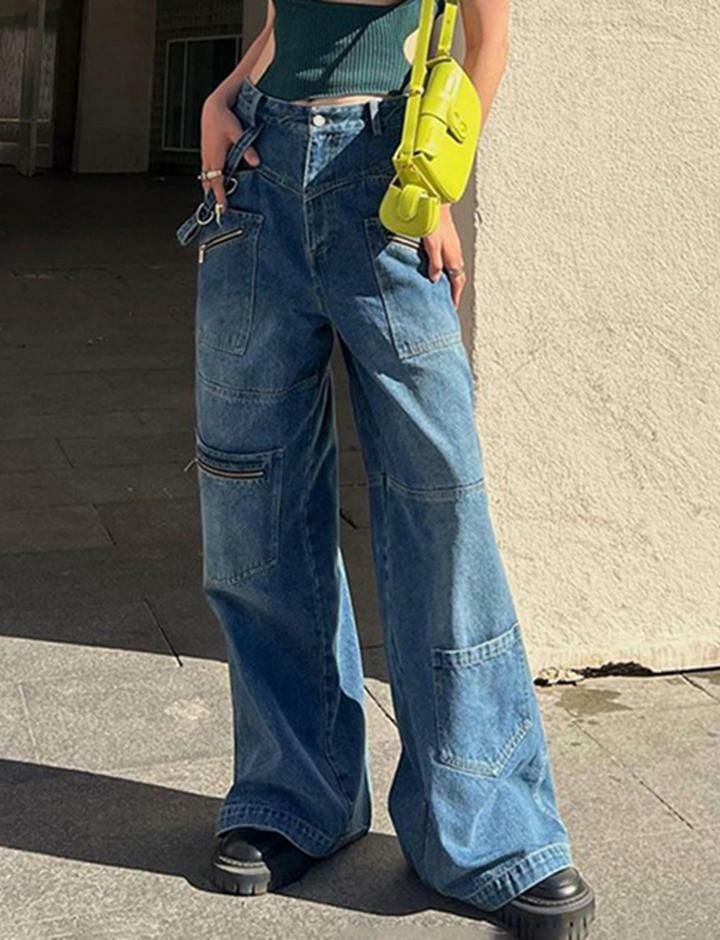 Vintage Pocket Zipper Decor Y2K Loose Jeans - Grunge Aesthetic, Cute & Comfy Style