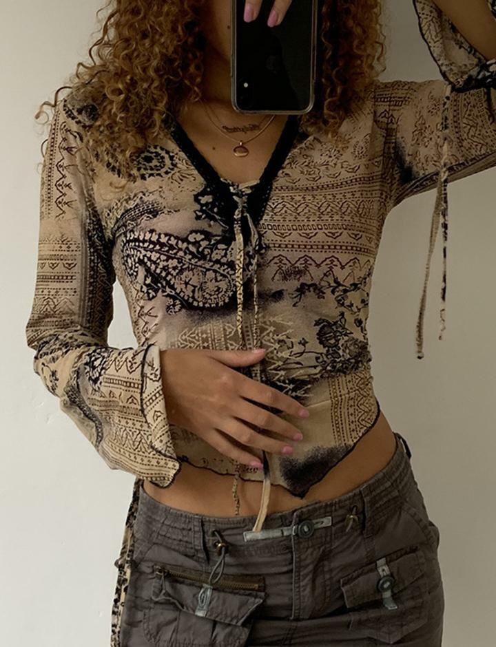 Vintage Print Irregular Hem Brown Crop Top - Y2K Aesthetic, Grunge Style, Cute Fashion
