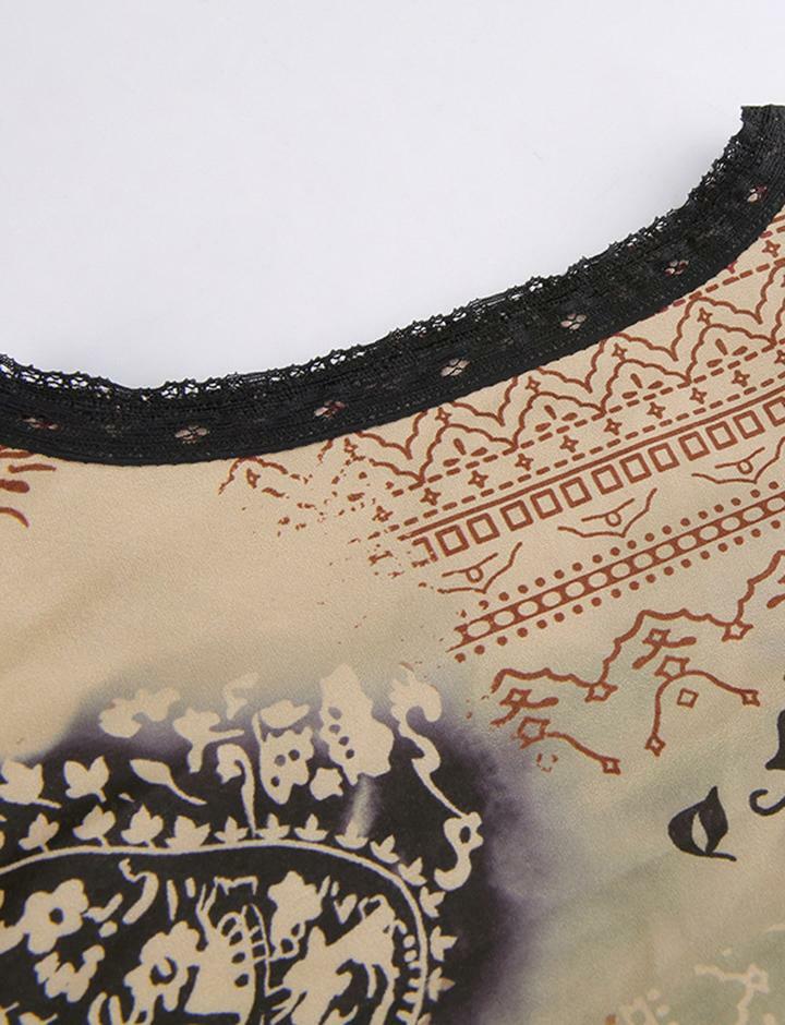 Vintage Print Irregular Hem Brown Crop Top - Y2K Aesthetic, Grunge Style, Cute Fashion
