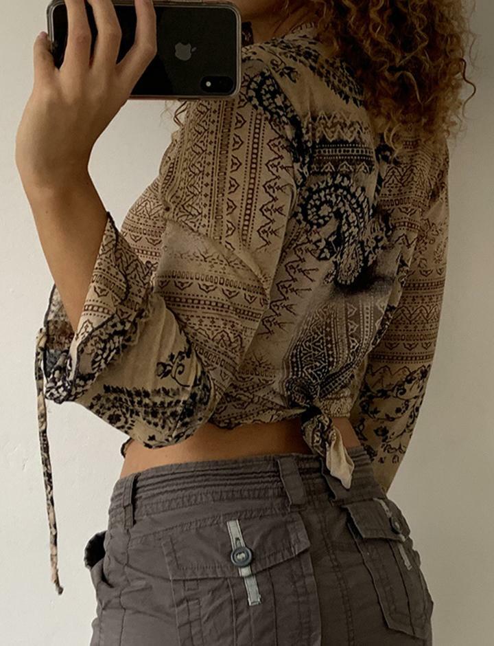 Vintage Print Irregular Hem Brown Crop Top - Y2K Aesthetic, Grunge Style, Cute Fashion