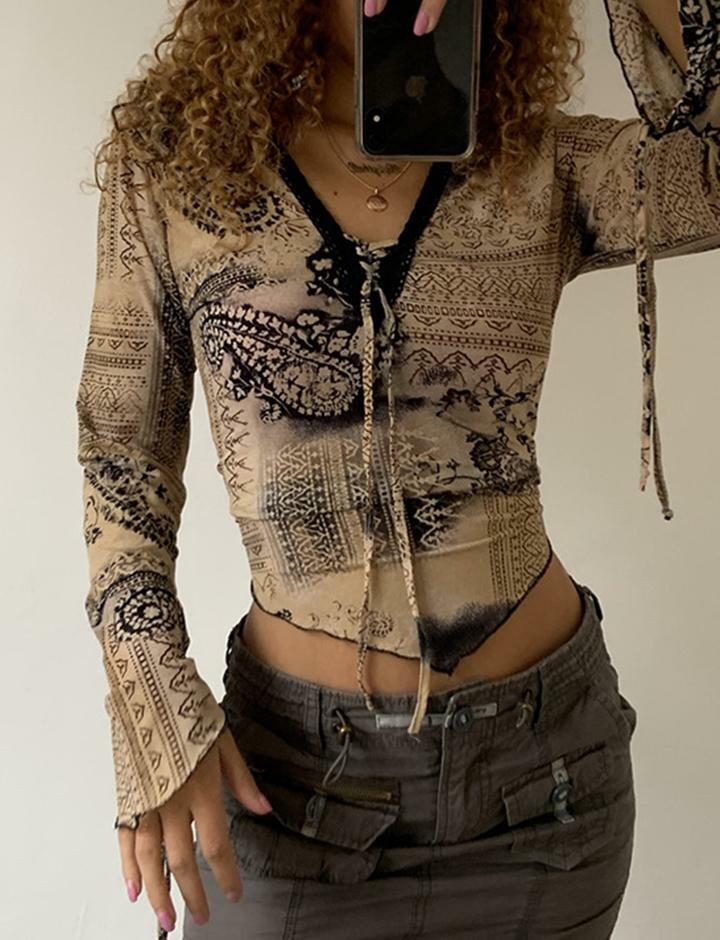 Vintage Print Irregular Hem Brown Crop Top - Y2K Aesthetic, Grunge Style, Cute Fashion