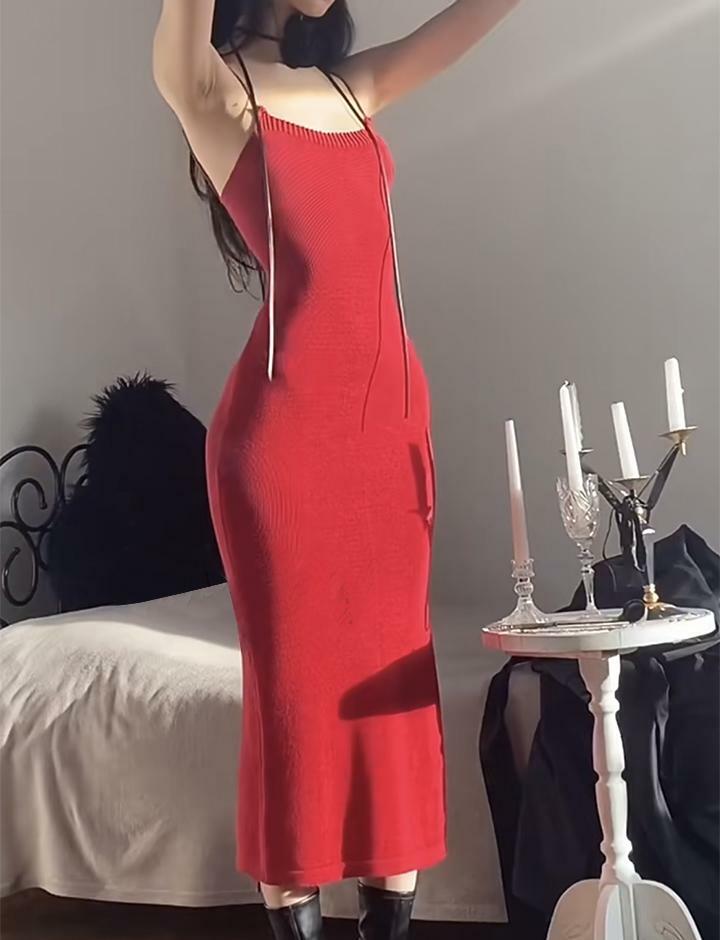 Vintage Red Knit Slim Back Tie Y2K Dress - Coquette Aesthetic with Grunge Style Flair