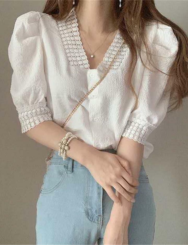 Vintage V-Neck Lace Shirt with Puff Sleeves - Y2K Coquette Aesthetic Top for Cute Outfits