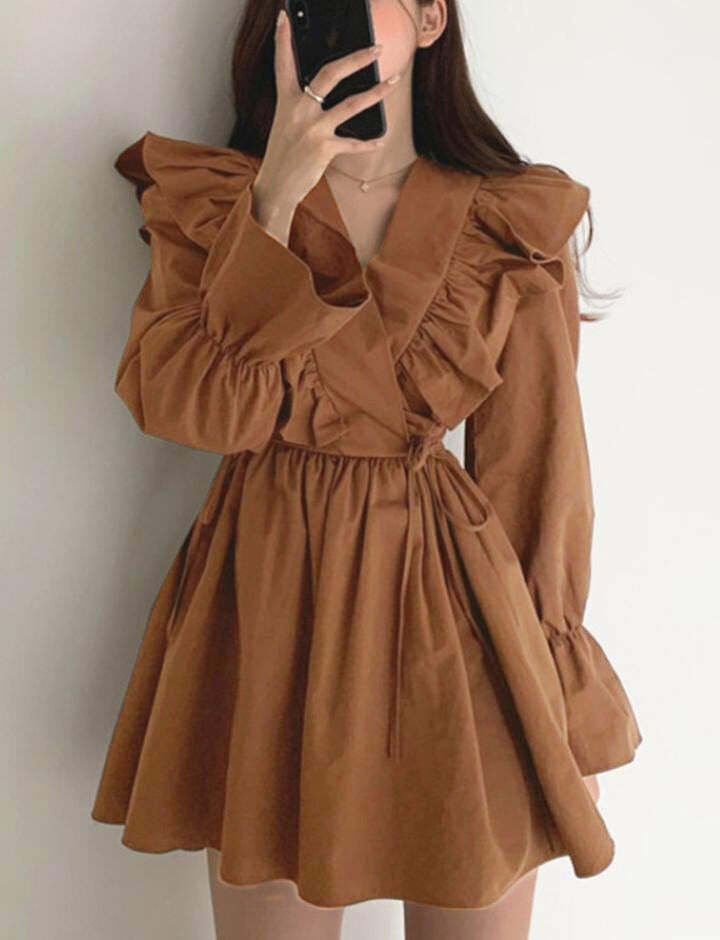 Vintage V-Neck Ruffle Tie Bell Sleeve Peplum Dress - Y2K Coquette Aesthetic Fashion