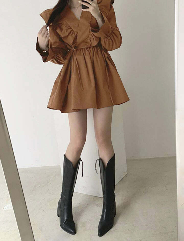 Vintage V-Neck Ruffle Tie Bell Sleeve Peplum Dress - Y2K Coquette Aesthetic Fashion