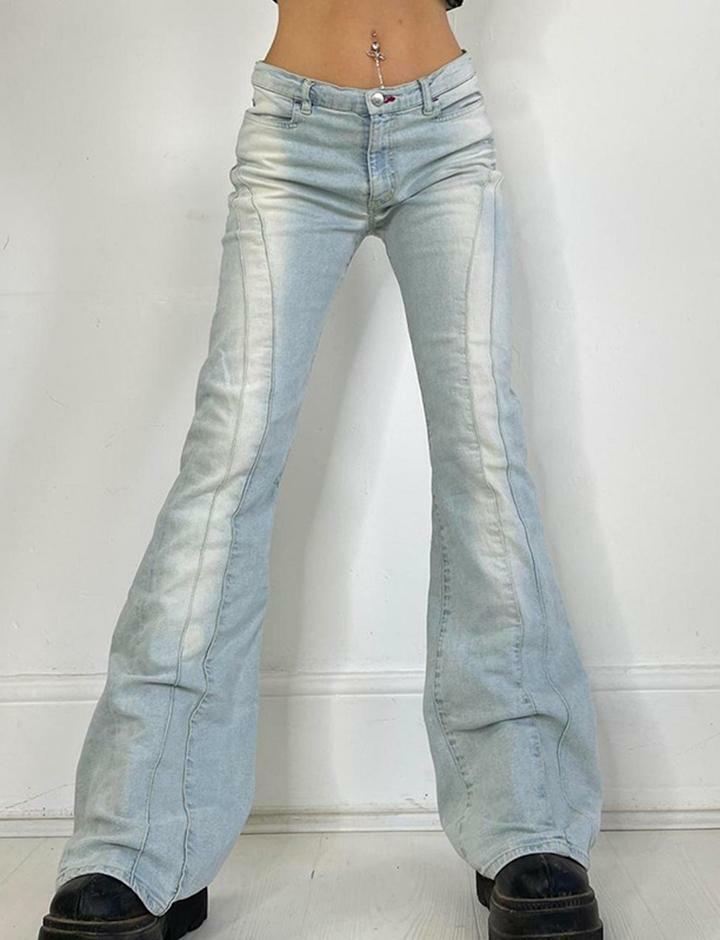 Vintage Wash Y2K Patched Flare Leg Jeans - Retro Grunge Aesthetic Denim for Trendy Outfits