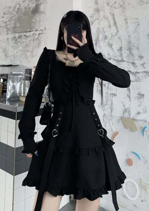 Vintage Y2K Dark Kawaii Ruffle Long Sleeve Dress - Cute Pastel Goth Aesthetic Fashion
