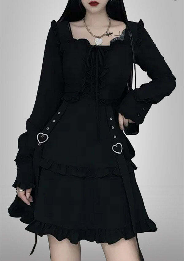 Vintage Y2K Dark Kawaii Ruffle Long Sleeve Dress - Cute Pastel Goth Aesthetic Fashion