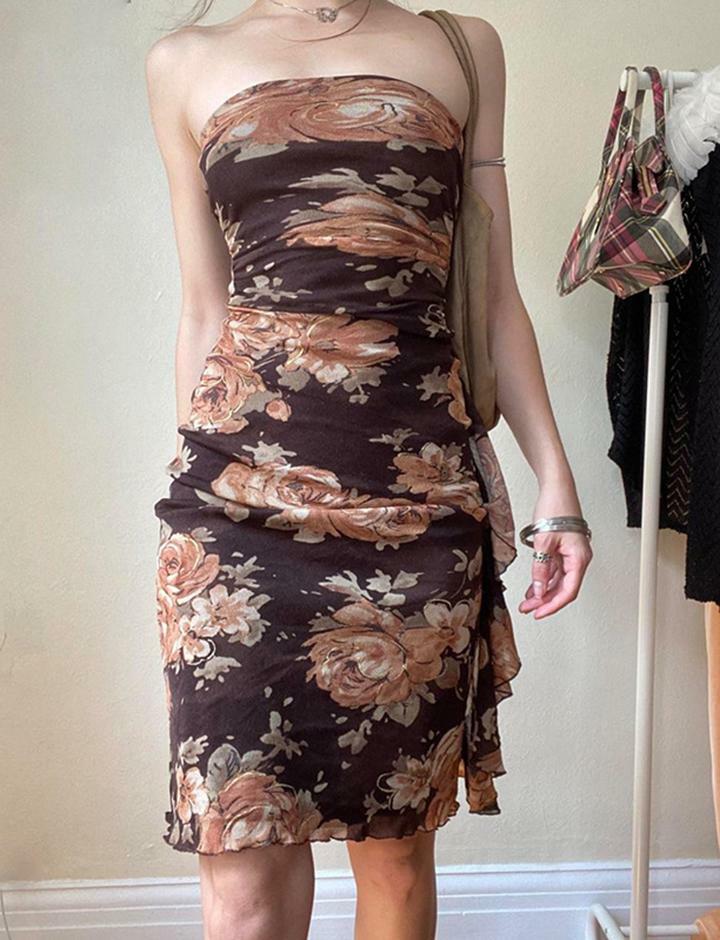 Vintage Y2K Flower Print Wrap Bandeau Dress - Cute Coquette Aesthetic for Fall Fashion