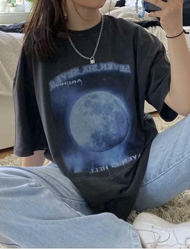Vintage Y2K Letter & Moon Print Oversized T-shirt - Cute Grunge Aesthetic Top