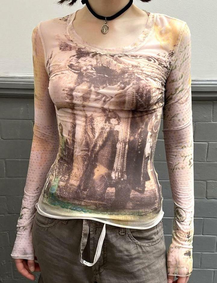 Vintage Y2K Mesh Slim T-Shirt - Cute Aesthetic Top for Coquette, Grunge & Soft Girl Styles