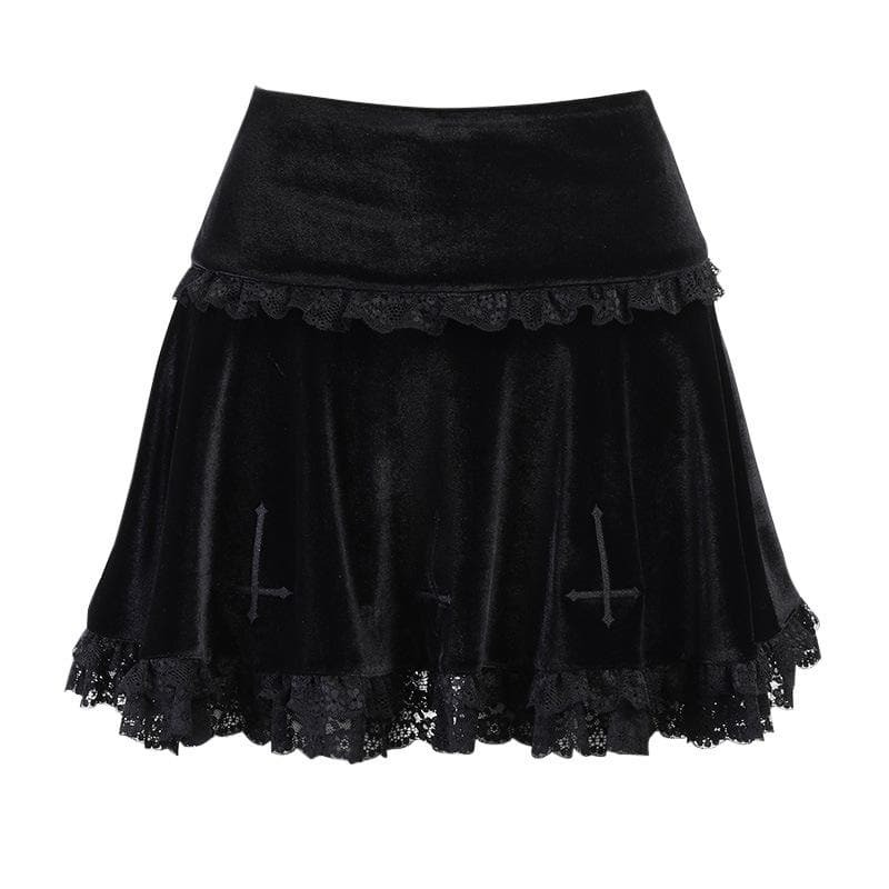 Y2K A-Line Mini Skirt with Lace Hem & Spider Web Pattern - Grunge & Coquette Aesthetic