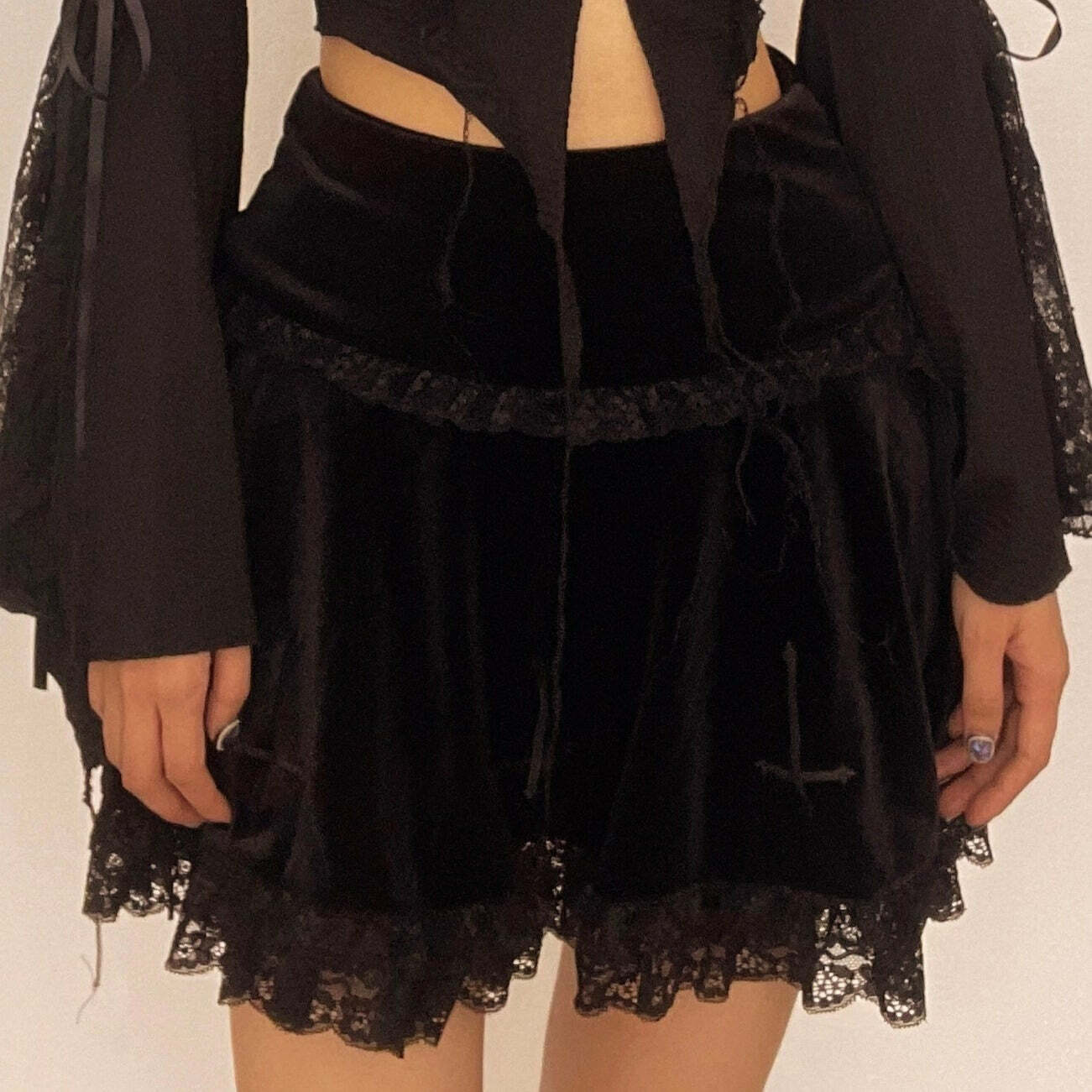Y2K A-Line Mini Skirt with Lace Hem & Spider Web Pattern - Grunge & Coquette Aesthetic