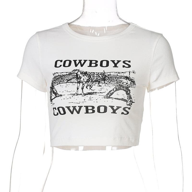 Y2K Aesthetic 'COWBOYS' Print Short Sleeve Crop Top - Cute Grunge & Coquette Style