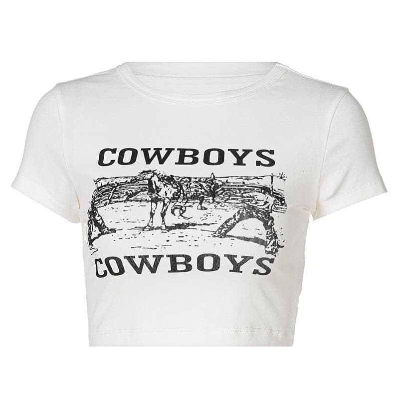 Y2K Aesthetic 'COWBOYS' Print Short Sleeve Crop Top - Cute Grunge & Coquette Style