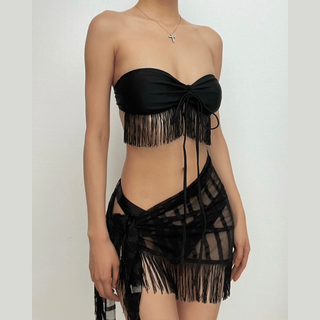Y2K Aesthetic 3-Piece Halter Mesh Swimwear Set with Self-Tie Ribbon - Cute & Comfy