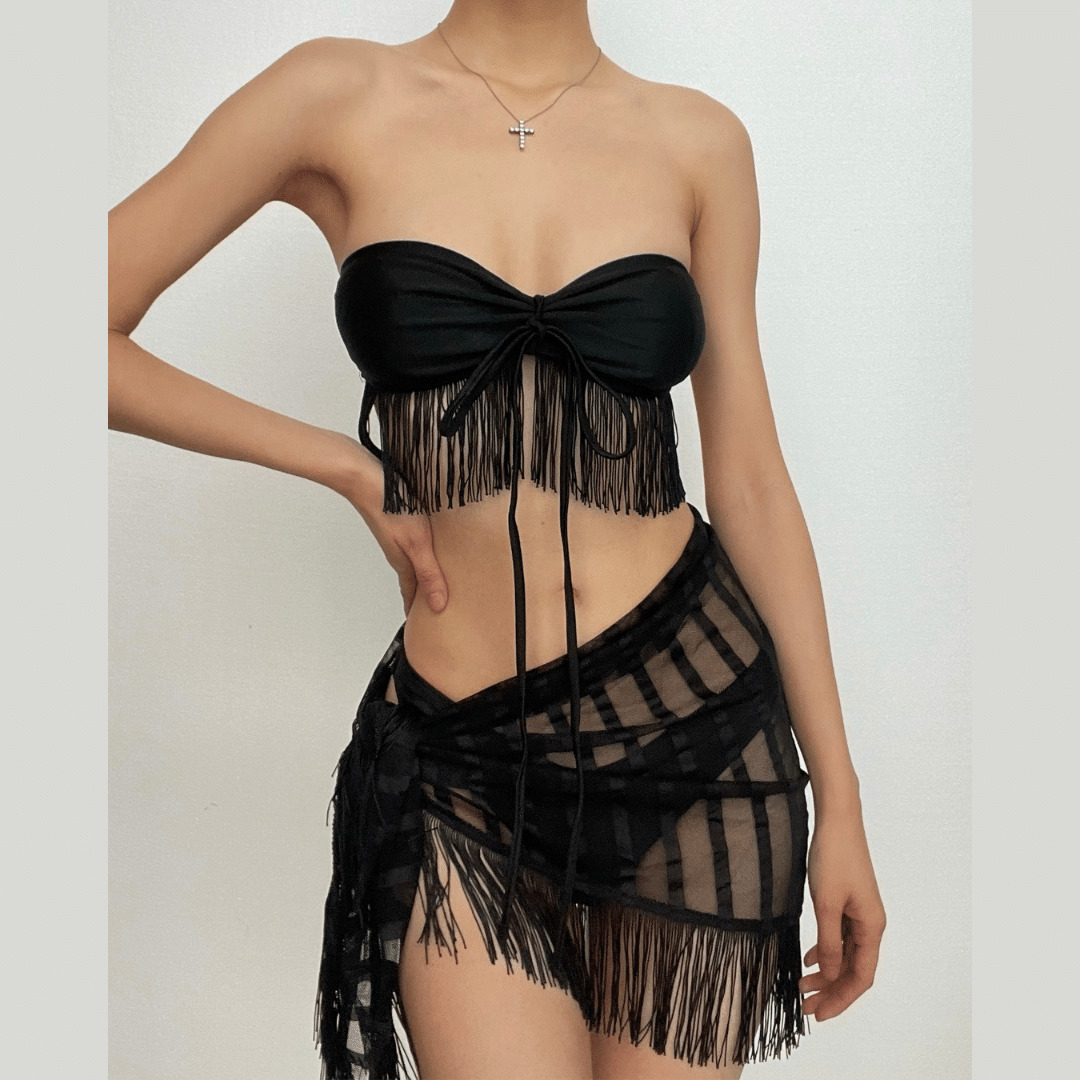 Y2K Aesthetic 3-Piece Halter Mesh Swimwear Set with Self-Tie Ribbon - Cute & Comfy