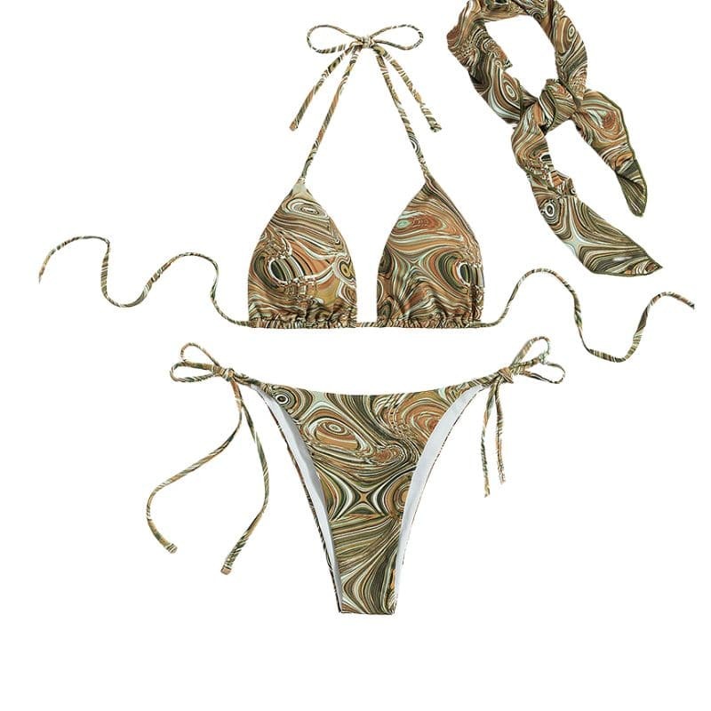 Y2K Aesthetic 3-Piece Swimwear Set - Abstract Print Halter Top & Self-Tie Design
