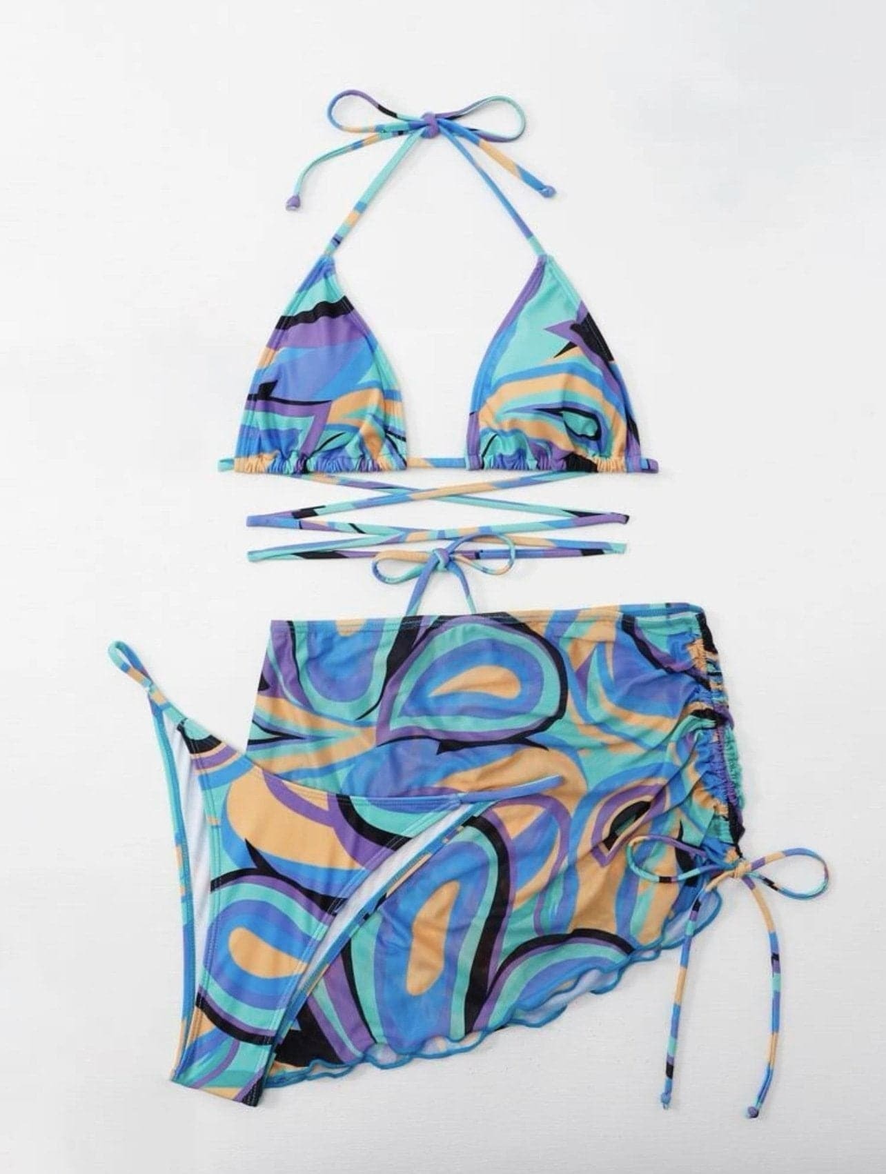 Y2K Aesthetic 3-Piece Swimwear Set - Cute Halter, Drawstring, Mesh Backless Design