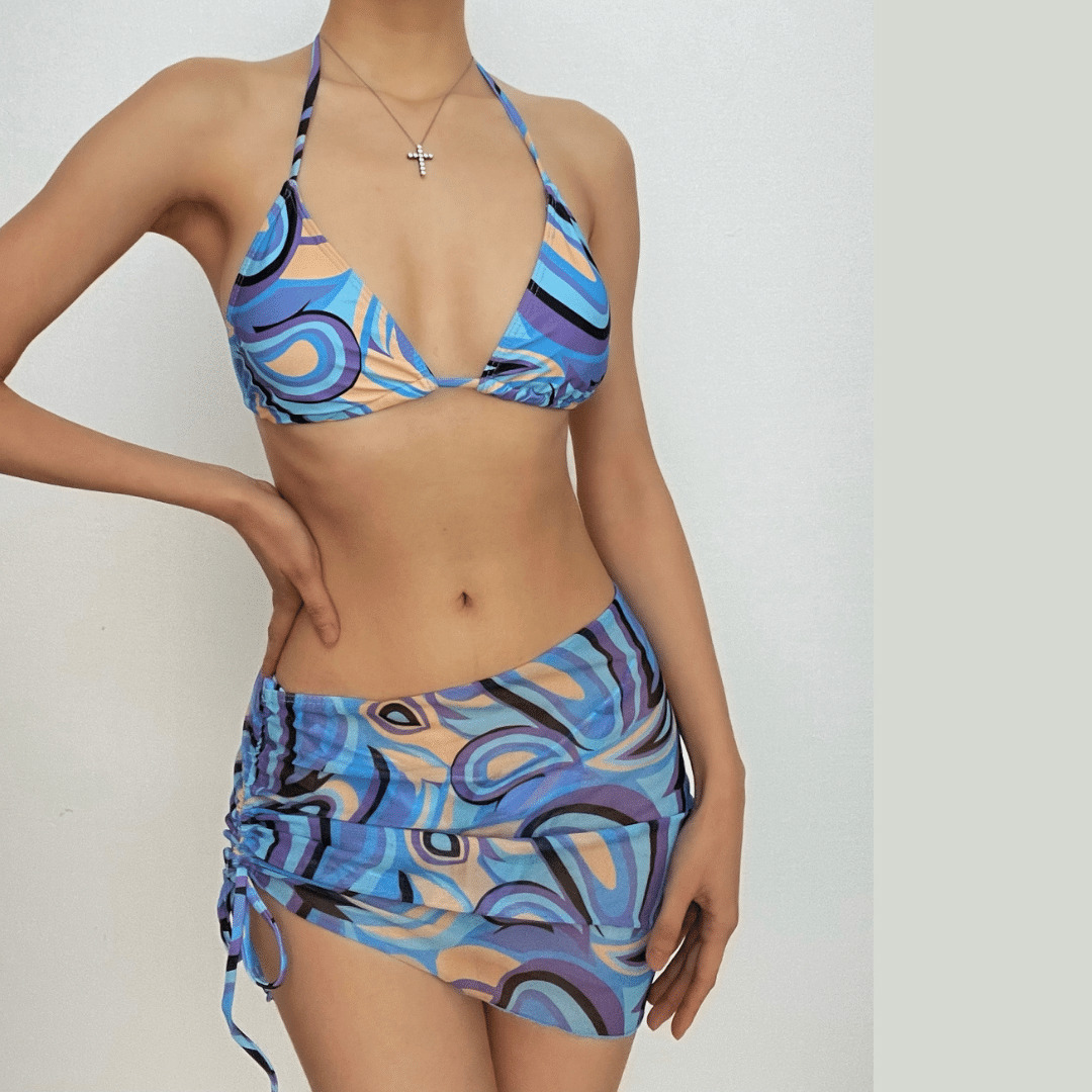 Y2K Aesthetic 3-Piece Swimwear Set - Cute Halter, Drawstring, Mesh Backless Design
