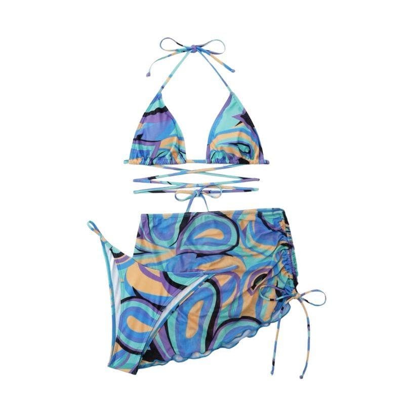 Y2K Aesthetic 3-Piece Swimwear Set - Cute Halter, Drawstring, Mesh Backless Design