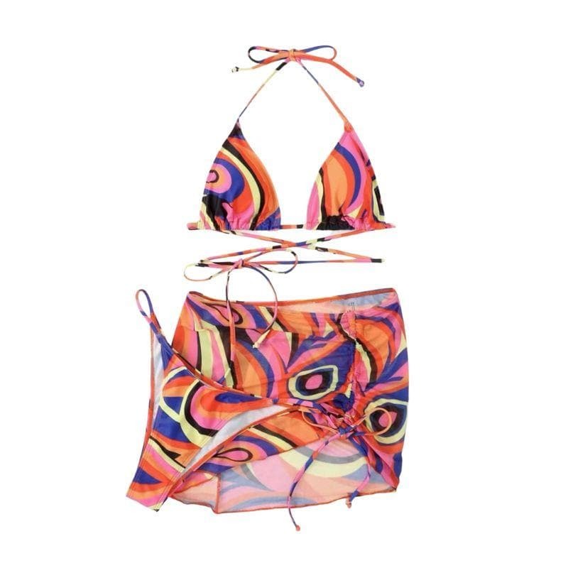 Y2K Aesthetic 3-Piece Swimwear Set - Cute Halter, Drawstring, Mesh Backless Design