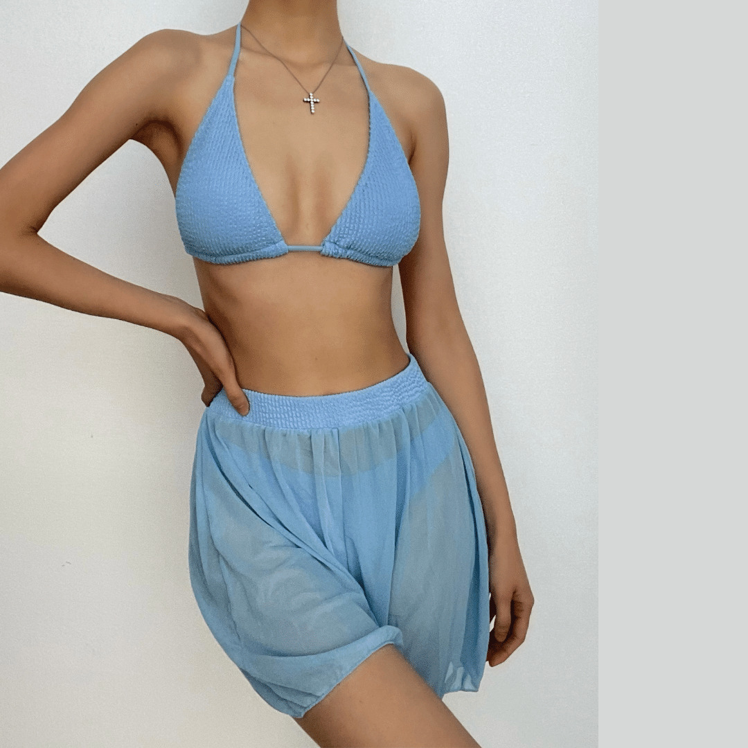 Y2K Aesthetic 3-Piece Swimwear Set - Halter Backless, Textured, and Self-Tie Design