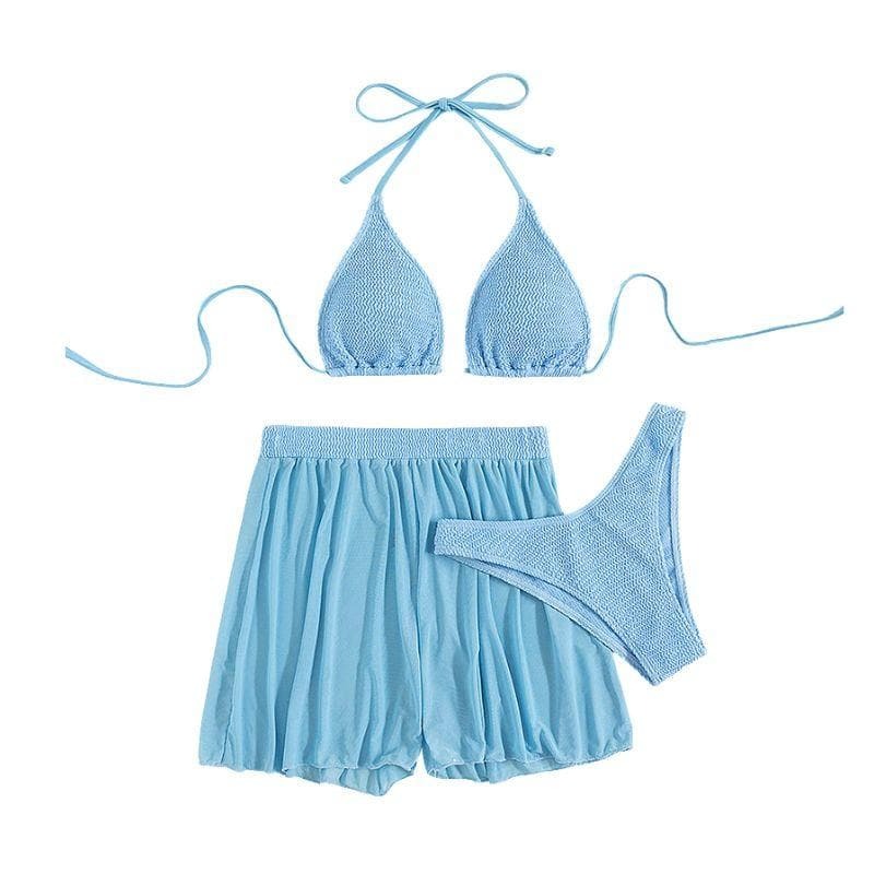 Y2K Aesthetic 3-Piece Swimwear Set - Halter Backless, Textured, and Self-Tie Design