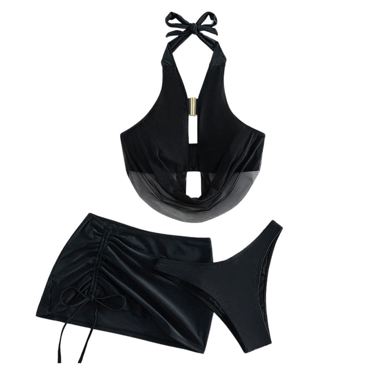 Y2K Aesthetic 3-Piece Swimwear Set: Cowl Neck Halter, Drawstring Buckle, Cute & Comfy