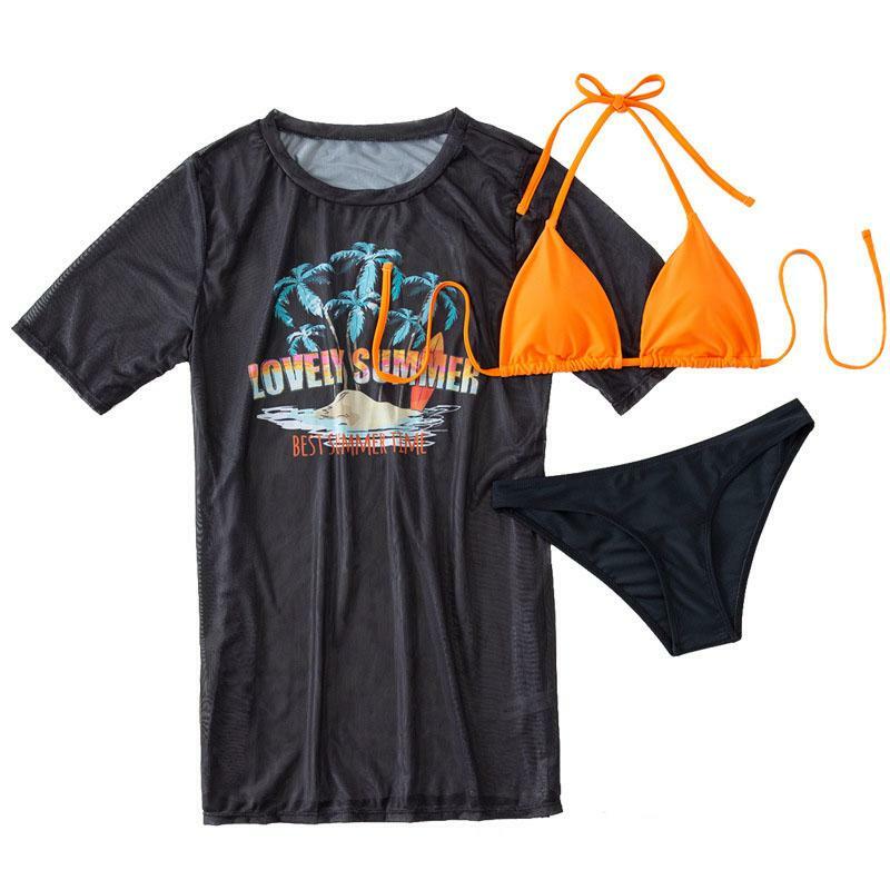 Y2K Aesthetic 3-Piece Swimwear Set: Cute Contrast Print Halter Top & Self-Tie Design