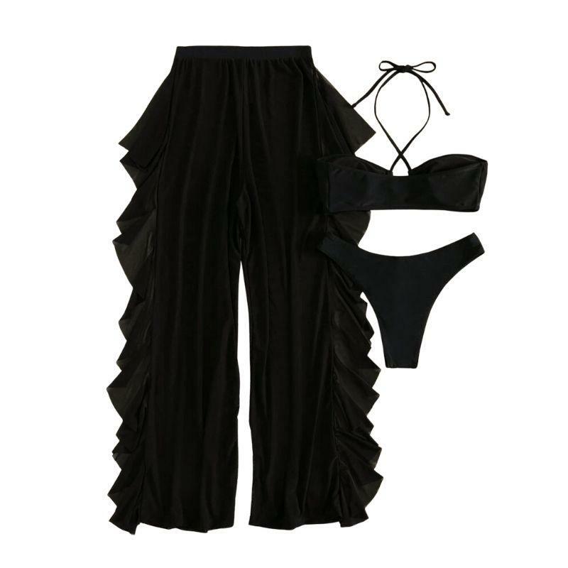 Y2K Aesthetic 3-Piece Swimwear Set: Halter Self-Tie Padded Mesh Top & Bottoms