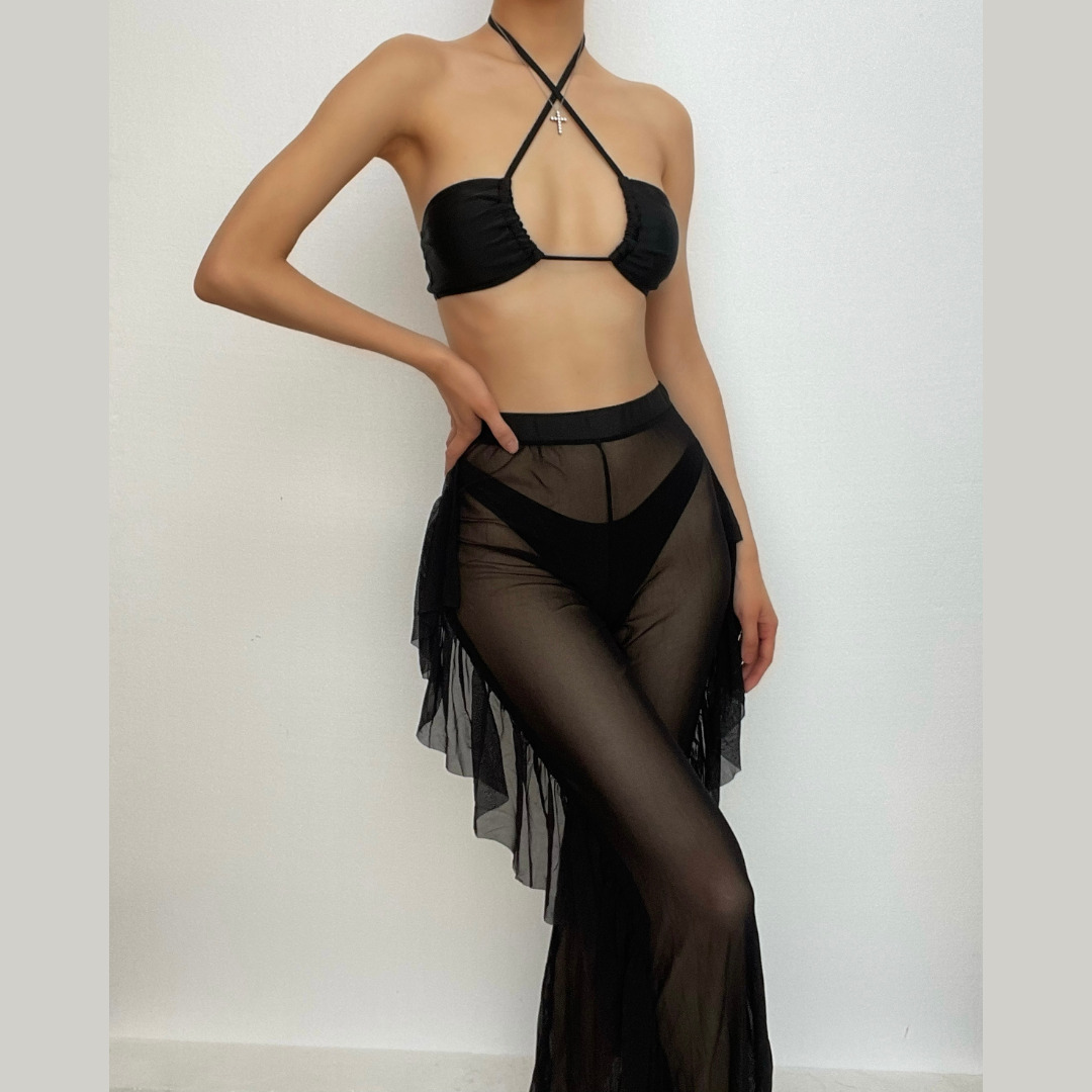 Y2K Aesthetic 3-Piece Swimwear Set: Halter Self-Tie Padded Mesh Top & Bottoms