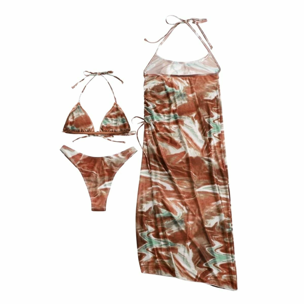 Y2K Aesthetic 3-Piece Swimwear Set: Ripple Halter Mesh Padded Slit Contrast Midi Skirt